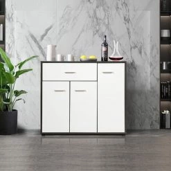 GIANTEX Buffet Avec 1 Tiroir Et 3 Portes, Armoire De Rangement En Bois Avec Etagère REglable Pour Cuisine, 88X30X70CM, Blanc Et Noir -Buffet et enfilade Soldes 57240432 5
