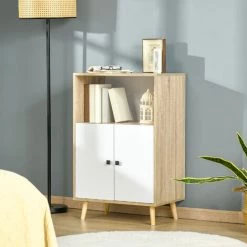 HOMCOM Buffet Meuble De Rangement Design Scandinave 2 Portes étagère Niche Panneaux Particules Blanc Aspect Chêne Clair - Beige -Buffet et enfilade Soldes 57600888 2