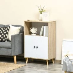 HOMCOM Buffet Meuble De Rangement Design Scandinave 2 Portes étagère Niche Panneaux Particules Blanc Aspect Chêne Clair - Beige -Buffet et enfilade Soldes 57600888 4
