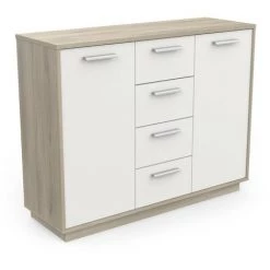 Buffet 2 Portes 4 Tiroirs, Décor Bois Et Blanc L113 Cm - Léo - Calicosy - Chene Kronberg/blanc -Buffet et enfilade Soldes 57796072 2