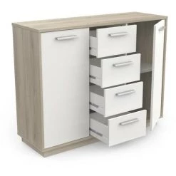 Buffet 2 Portes 4 Tiroirs, Décor Bois Et Blanc L113 Cm - Léo - Calicosy - Chene Kronberg/blanc -Buffet et enfilade Soldes 57796072 3