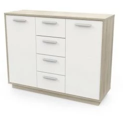Buffet 2 Portes 4 Tiroirs, Décor Bois Et Blanc L113 Cm - Léo - Calicosy - Chene Kronberg/blanc -Buffet et enfilade Soldes 57796072 4