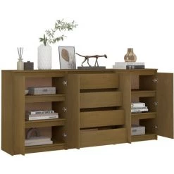 TRUE DEAL Armoires Latérales 3 Pcs Marron Miel Bois De Pin Massif -Buffet et enfilade Soldes 57829493 3