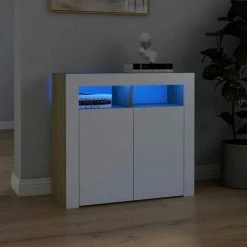TRUE DEAL Buffet Avec Lumières LED Blanc Et Chêne Sonoma 80x35x75 Cm