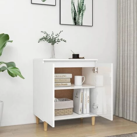 TRUE DEAL Buffet Avec Pieds En Bois Blanc Brillant 60x35x70 Cm Aggloméré 4 TRUE DEAL Buffet Avec Pieds En Bois Blanc Brillant 60x35x70 Cm Aggloméré – Image 4