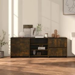 Buffets 3 Pcs Bois D'ingénierie Chêne Fumé VidaXL