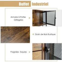 COSTWAY Meuble De Rangement, Buffet Industriel Avec 2 Placards, 2 Tiroirs Coulissants Et Etagère Inférieure, Conception En Métal, Pour Salon, Salle à Manger, Cuisine, Marron Rustique -Buffet et enfilade Soldes 57913366 3