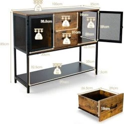 COSTWAY Meuble De Rangement, Buffet Industriel Avec 2 Placards, 2 Tiroirs Coulissants Et Etagère Inférieure, Conception En Métal, Pour Salon, Salle à Manger, Cuisine, Marron Rustique -Buffet et enfilade Soldes 57913366 4