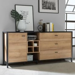 MEUBLETMOI Buffet Revêtement Effet Chêne Et Piètement Métal Noir Mat - MODE - Bois -Buffet et enfilade Soldes 57913727 2