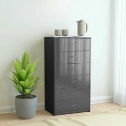 LITZEE Buffet, Bahut Et Enfilade Buffet Avec 6 Tiroirs Gris Brillant 50x34x96 Cm Agglomere