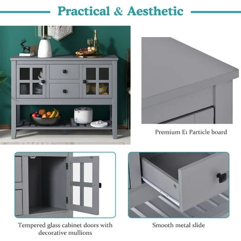 MERAX Buffet Bas 2 Tiroirs 2 Portes, Buffet De Cuisine, Armoire De Rangement, Porte En Verre, Couleur Gris, 108 X 35 X 80 Cm 3 MERAX Buffet Bas 2 Tiroirs 2 Portes, Buffet De Cuisine, Armoire De Rangement, Porte En Verre, Couleur Gris, 108 X 35 X 80 Cm – Image 3