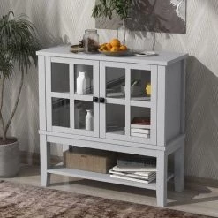 MERAX Buffet Bas 2 Portes Avec étagère Réglable, Meuble De Rangement Avec Porte Incrustée De Verre Pour Cuisine, Salon, 88x36x88cm, Gris