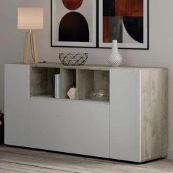 ALTRI Buffet Moderne Blanc, 3 Portes Battantes, à Compartiments Ouverts, Buffet De Salon Avec 3 Portes Battantes, Meuble TV, 150 X 76 X 41 Cm, Coloris Blanc Et Chêne