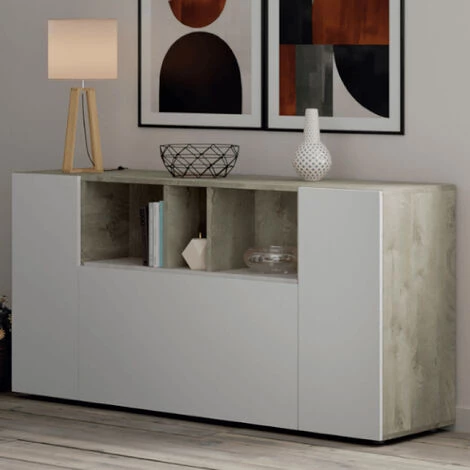 ALTRI Buffet Moderne Blanc, 3 Portes Battantes, à Compartiments Ouverts, Buffet De Salon Avec 3 Portes Battantes, Meuble TV, 150 X 76 X 41 Cm, Coloris Blanc Et Chêne 1 ALTRI Buffet Moderne Blanc, 3 Portes Battantes, à Compartiments Ouverts, Buffet De Salon Avec 3 Portes Battantes, Meuble TV, 150 X 76 X 41 Cm, Coloris Blanc Et Chêne
