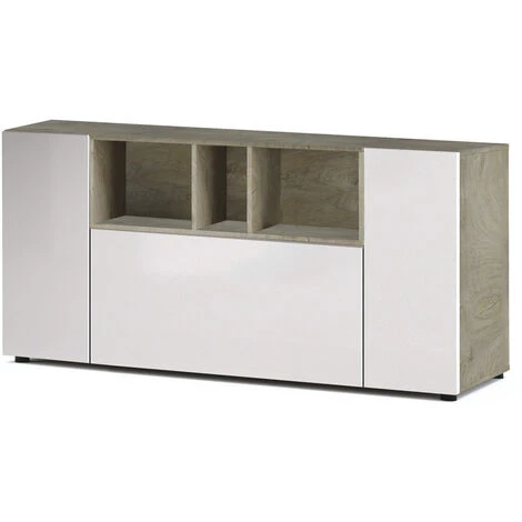 ALTRI Buffet Moderne Blanc, 3 Portes Battantes, à Compartiments Ouverts, Buffet De Salon Avec 3 Portes Battantes, Meuble TV, 150 X 76 X 41 Cm, Coloris Blanc Et Chêne 2 ALTRI Buffet Moderne Blanc, 3 Portes Battantes, à Compartiments Ouverts, Buffet De Salon Avec 3 Portes Battantes, Meuble TV, 150 X 76 X 41 Cm, Coloris Blanc Et Chêne – Image 2
