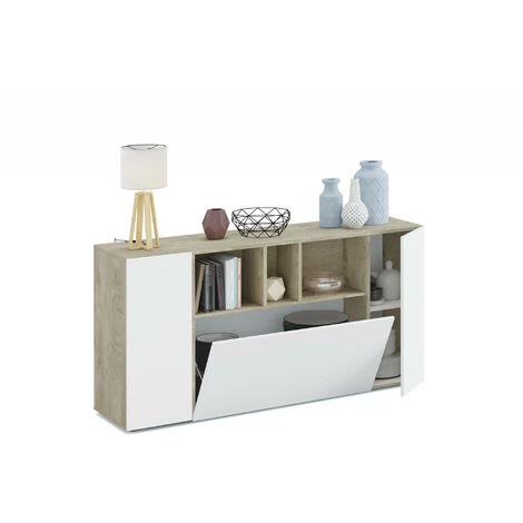 ALTRI Buffet Moderne Blanc, 3 Portes Battantes, à Compartiments Ouverts, Buffet De Salon Avec 3 Portes Battantes, Meuble TV, 150 X 76 X 41 Cm, Coloris Blanc Et Chêne 4 ALTRI Buffet Moderne Blanc, 3 Portes Battantes, à Compartiments Ouverts, Buffet De Salon Avec 3 Portes Battantes, Meuble TV, 150 X 76 X 41 Cm, Coloris Blanc Et Chêne – Image 4