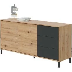 ALTRI Buffet Moderne Avec 2 Portes Et 3 Tiroirs, Meuble TV De Salon, Buffet De Cuisine, Cm 154x41h74, Couleur Chêne Avec Effet Nœuds Et Anthracite -Buffet et enfilade Soldes 58340867 4