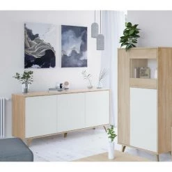 ALTRI Buffet Moderne Avec 3 Portes Et étagères, Buffet De Cuisine, Buffet Design De Salon, 154x40h75 Cm, Coloris Chêne Et Blanc
