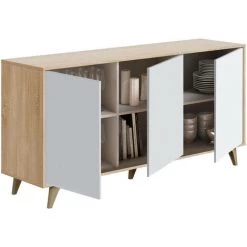ALTRI Buffet Moderne Avec 3 Portes Et étagères, Buffet De Cuisine, Buffet Design De Salon, 154x40h75 Cm, Coloris Chêne Et Blanc -Buffet et enfilade Soldes 58342829 4