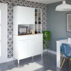 ALTRI Buffet De Cuisine Avec 5 Portes, Armoire Avec 1 Tiroir Et étagères à Bouteilles, Armoire Avec Pieds, Cm 108x40h186, Couleur Chêne Et Blanc