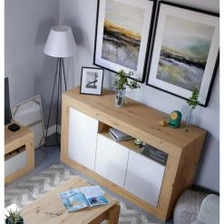 ALTRI Buffet Moderne à 3 Portes, Meuble TV De Salon, Buffet De Cuisine, Cm 144x42h87, Couleur Chêne Avec Effet Nœuds Et Blanc -Buffet et enfilade Soldes 58343804 3