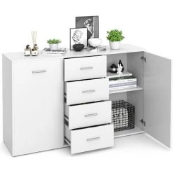 COSTWAY Buffet De Cusine 123 X 34,5 X 82 CM Avec 4 Tiroirs Et 2 Porte, Latérale Commode Meuble De Rangement Blanc