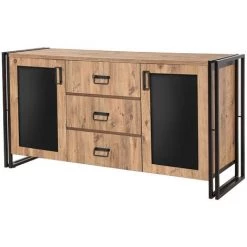 COTECOSY Buffet 2 Portes Et 3 Tiroirs Colisart 160x80cm Métal Noir Et Bois Naturel - Marron