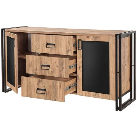 COTECOSY Buffet 2 Portes Et 3 Tiroirs Colisart 160x80cm Métal Noir Et Bois Naturel - Marron 2 COTECOSY Buffet 2 Portes Et 3 Tiroirs Colisart 160x80cm Métal Noir Et Bois Naturel - Marron – Image 2