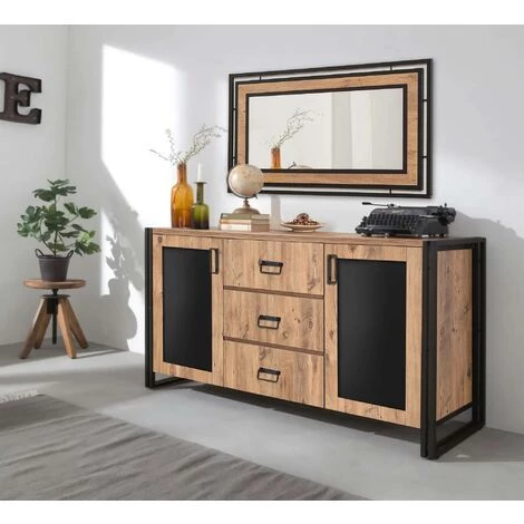 COTECOSY Buffet 2 Portes Et 3 Tiroirs Colisart 160x80cm Métal Noir Et Bois Naturel - Marron 3 COTECOSY Buffet 2 Portes Et 3 Tiroirs Colisart 160x80cm Métal Noir Et Bois Naturel - Marron – Image 3