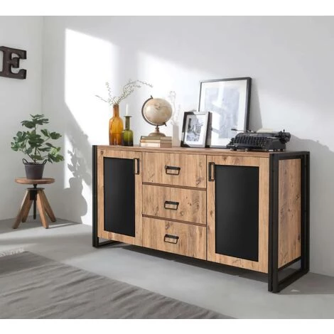 COTECOSY Buffet 2 Portes Et 3 Tiroirs Colisart 160x80cm Métal Noir Et Bois Naturel - Marron 4 COTECOSY Buffet 2 Portes Et 3 Tiroirs Colisart 160x80cm Métal Noir Et Bois Naturel - Marron – Image 4
