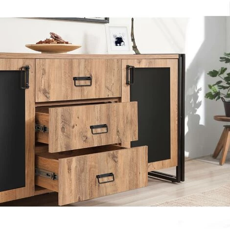 COTECOSY Buffet 2 Portes Et 3 Tiroirs Colisart 160x80cm Métal Noir Et Bois Naturel - Marron 5 COTECOSY Buffet 2 Portes Et 3 Tiroirs Colisart 160x80cm Métal Noir Et Bois Naturel - Marron – Image 5