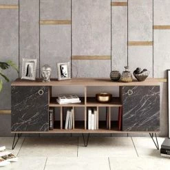 COTECOSY Buffet 2 Portes Et 2 étagères Ancon 180x78,6cm Bois Naturel Et Noir Effet Marbre - Bois / Noir -Buffet et enfilade Soldes 59102137 3