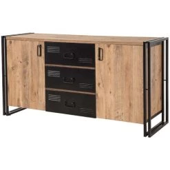 COTECOSY Buffet Bas 2 Portes Et 3 Tiroirs Senlid 160cm Métal Noir Et Bois Naturel - Bois / Noir