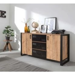 COTECOSY Buffet Bas 2 Portes Et 3 Tiroirs Senlid 160cm Métal Noir Et Bois Naturel - Bois / Noir -Buffet et enfilade Soldes 59102856 3