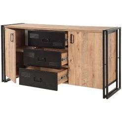 COTECOSY Buffet Bas 2 Portes Et 3 Tiroirs Senlid 160cm Métal Noir Et Bois Naturel - Bois / Noir -Buffet et enfilade Soldes 59102856 5