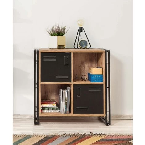 COTECOSY Buffet 2 Portes Et 2 Compartiments Operarius Métal Noir Et Bois Pin Foncé - Bois / Noir 3 COTECOSY Buffet 2 Portes Et 2 Compartiments Operarius Métal Noir Et Bois Pin Foncé - Bois / Noir – Image 3