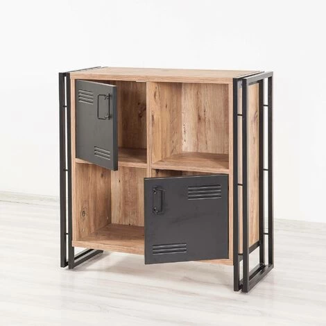 COTECOSY Buffet 2 Portes Et 2 Compartiments Operarius Métal Noir Et Bois Pin Foncé - Bois / Noir 4 COTECOSY Buffet 2 Portes Et 2 Compartiments Operarius Métal Noir Et Bois Pin Foncé - Bois / Noir – Image 4