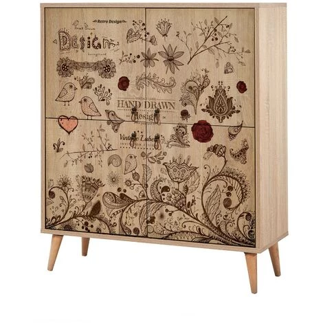 COTECOSY Buffet 4 Portes Soho 95x111cm Motif Oiseaux Et Fleurs Bois Naturel Et Marron - Bois 1 COTECOSY Buffet 4 Portes Soho 95x111cm Motif Oiseaux Et Fleurs Bois Naturel Et Marron - Bois