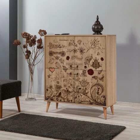 COTECOSY Buffet 4 Portes Soho 95x111cm Motif Oiseaux Et Fleurs Bois Naturel Et Marron - Bois 2 COTECOSY Buffet 4 Portes Soho 95x111cm Motif Oiseaux Et Fleurs Bois Naturel Et Marron - Bois – Image 2