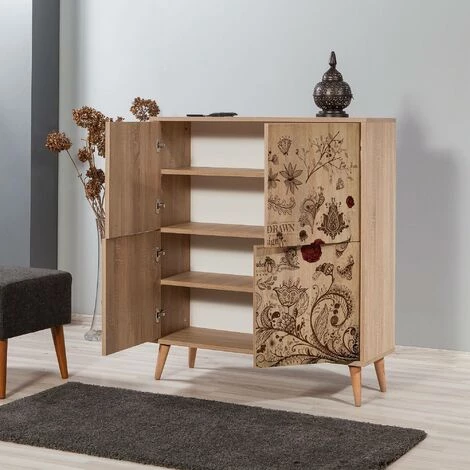 COTECOSY Buffet 4 Portes Soho 95x111cm Motif Oiseaux Et Fleurs Bois Naturel Et Marron - Bois 4 COTECOSY Buffet 4 Portes Soho 95x111cm Motif Oiseaux Et Fleurs Bois Naturel Et Marron - Bois – Image 4