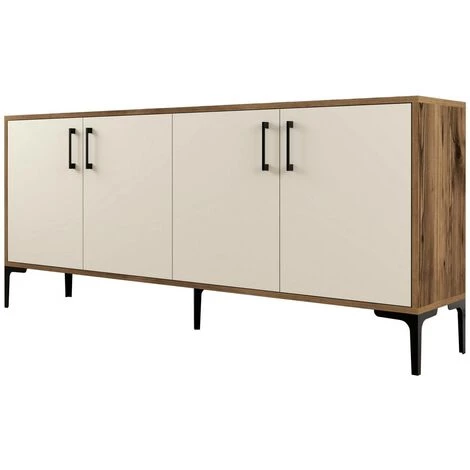 COTECOSY Buffet Bas 4 Portes Vranus 180cm Bois Naturel Et Blanc Crème Et Métal Noir - Crème 1 COTECOSY Buffet Bas 4 Portes Vranus 180cm Bois Naturel Et Blanc Crème Et Métal Noir - Crème