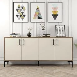 COTECOSY Buffet Bas 4 Portes Vranus 180cm Bois Naturel Et Blanc Crème Et Métal Noir - Crème 6 COTECOSY Buffet Bas 4 Portes Vranus 180cm Bois Naturel Et Blanc Crème Et Métal Noir - Crème -Buffet et enfilade Soldes 59104655 2