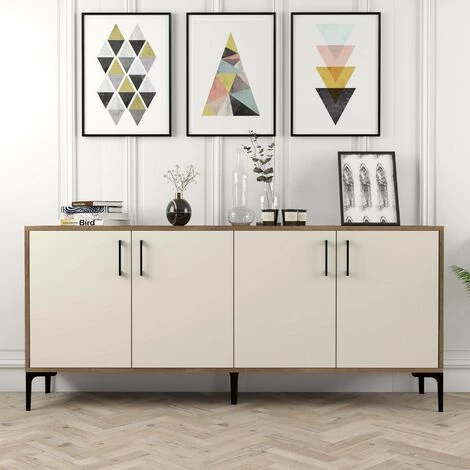 COTECOSY Buffet Bas 4 Portes Vranus 180cm Bois Naturel Et Blanc Crème Et Métal Noir - Crème 2 COTECOSY Buffet Bas 4 Portes Vranus 180cm Bois Naturel Et Blanc Crème Et Métal Noir - Crème – Image 2
