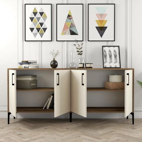 COTECOSY Buffet Bas 4 Portes Vranus 180cm Bois Naturel Et Blanc Crème Et Métal Noir - Crème 3 COTECOSY Buffet Bas 4 Portes Vranus 180cm Bois Naturel Et Blanc Crème Et Métal Noir - Crème – Image 3