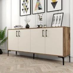 COTECOSY Buffet Bas 4 Portes Vranus 180cm Bois Naturel Et Blanc Crème Et Métal Noir - Crème 8 COTECOSY Buffet Bas 4 Portes Vranus 180cm Bois Naturel Et Blanc Crème Et Métal Noir - Crème -Buffet et enfilade Soldes 59104655 4