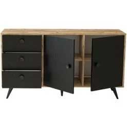 COTECOSY Buffet 2 Portes Et 3 Tiroirs Kaolin 143cm Noir Et Bois Clair - Gris Foncé