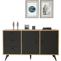 COTECOSY Buffet 2 Portes Et 3 Tiroirs Kaolin 143cm Noir Et Bois Clair - Gris Foncé -Buffet et enfilade Soldes 59104819 3