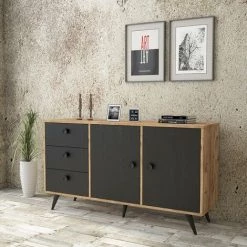 COTECOSY Buffet 2 Portes Et 3 Tiroirs Kaolin 143cm Noir Et Bois Clair - Gris Foncé -Buffet et enfilade Soldes 59104819 4