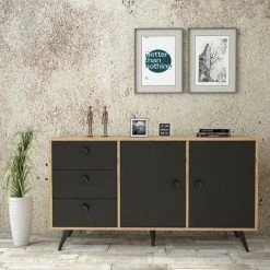COTECOSY Buffet 2 Portes Et 3 Tiroirs Kaolin 143cm Noir Et Bois Clair - Gris Foncé -Buffet et enfilade Soldes 59104819 5