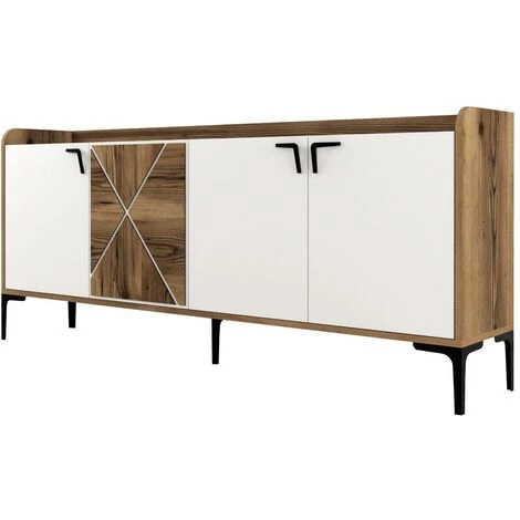 COTECOSY Buffet Bas 4 Portes Zenger 180cm Bois Naturel Et Blanc Et Métal Noir - Blanc 1 COTECOSY Buffet Bas 4 Portes Zenger 180cm Bois Naturel Et Blanc Et Métal Noir - Blanc